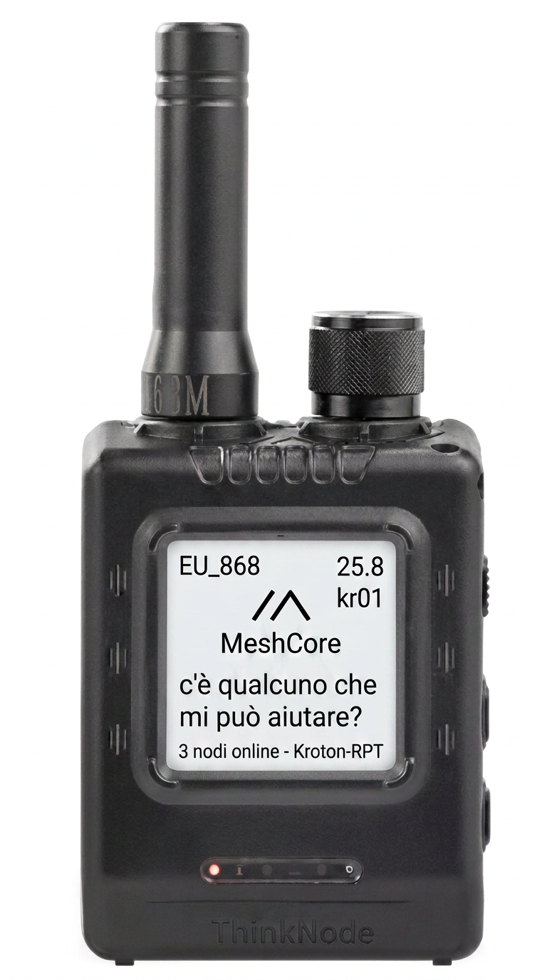 Companion reale ThinkNode con display e-ink che mostra un messaggio MeshCore in italiano